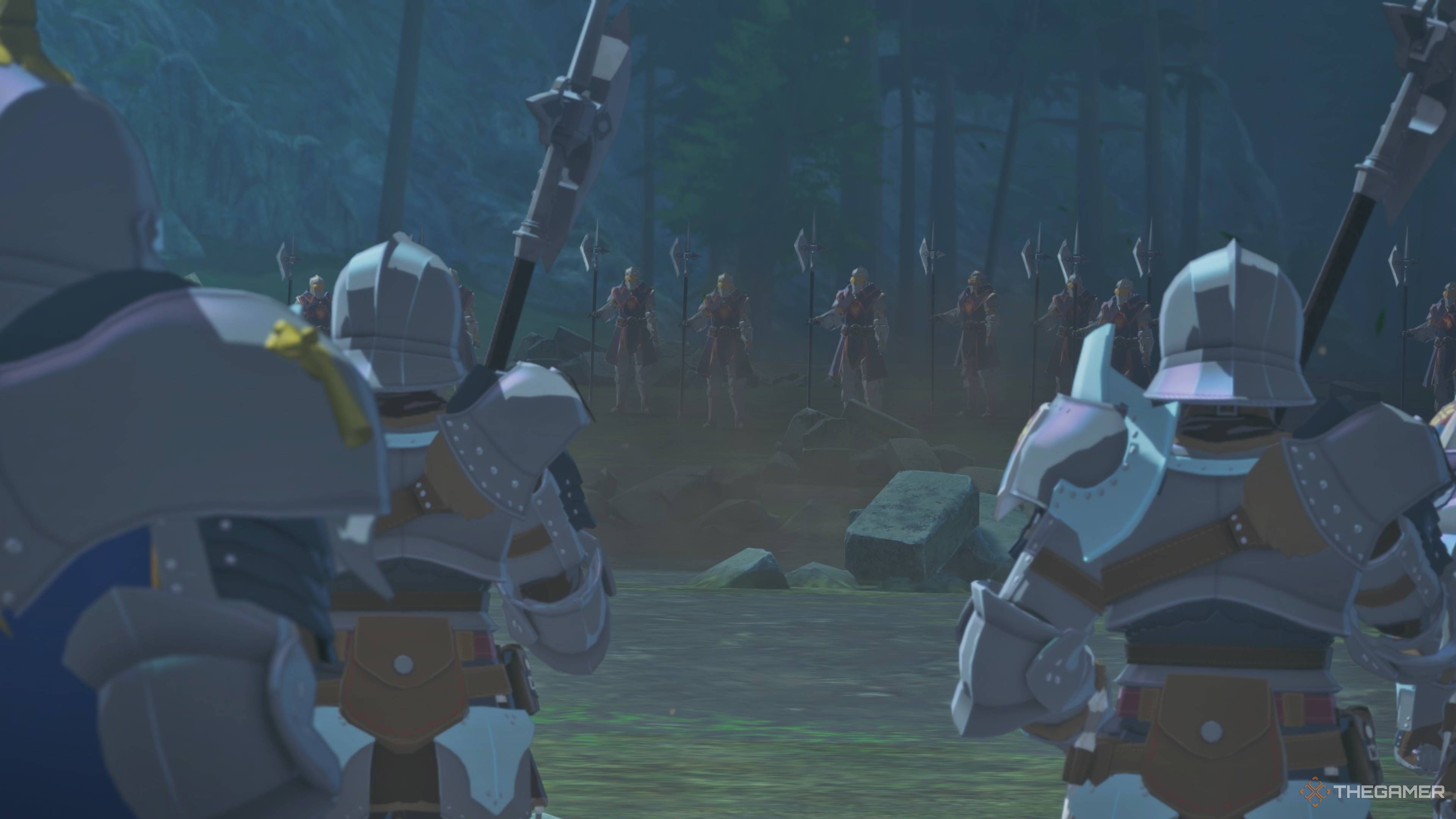 Soldiers standing on opposite sides in monster hunter stories 3.