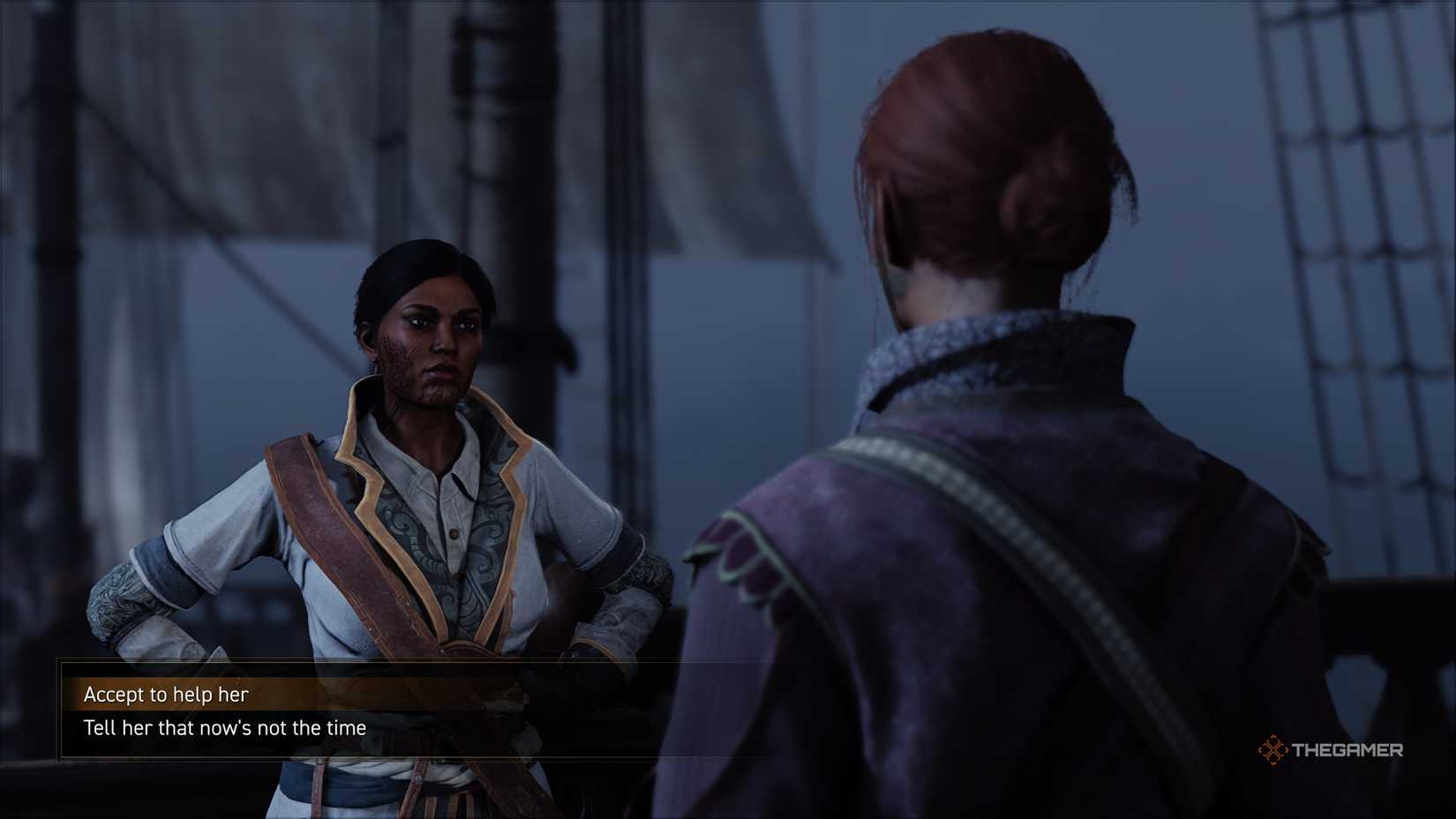 Speaking with Alvida on her ship, about to accept her personal quest in GreedFall The Dying World