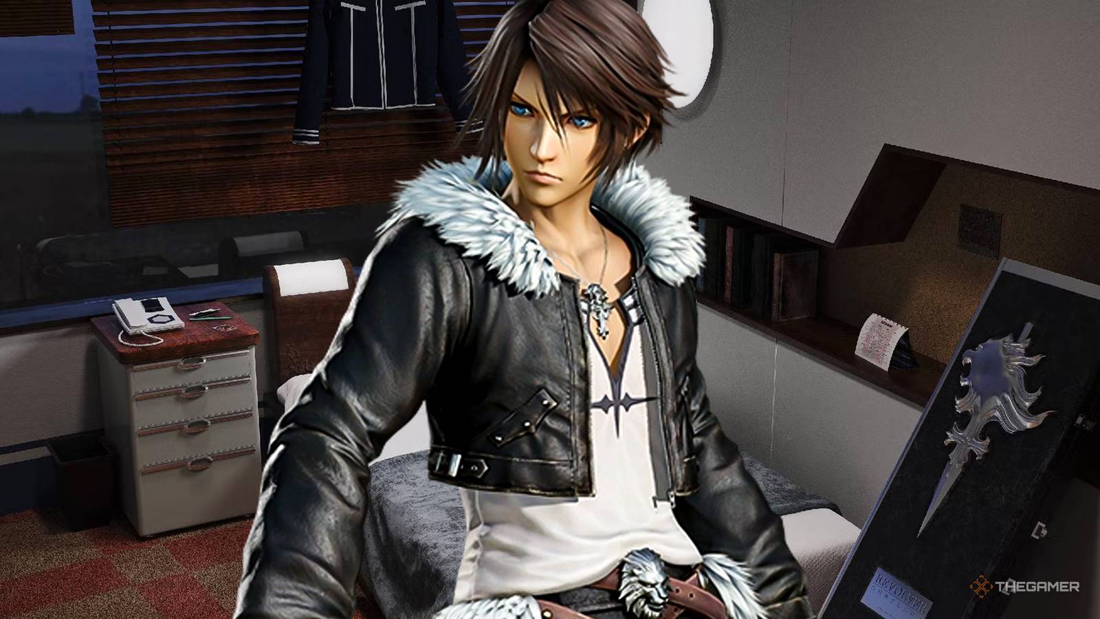 Squal from Final Fantasy 8 over a fan-made remake of his bedroom.