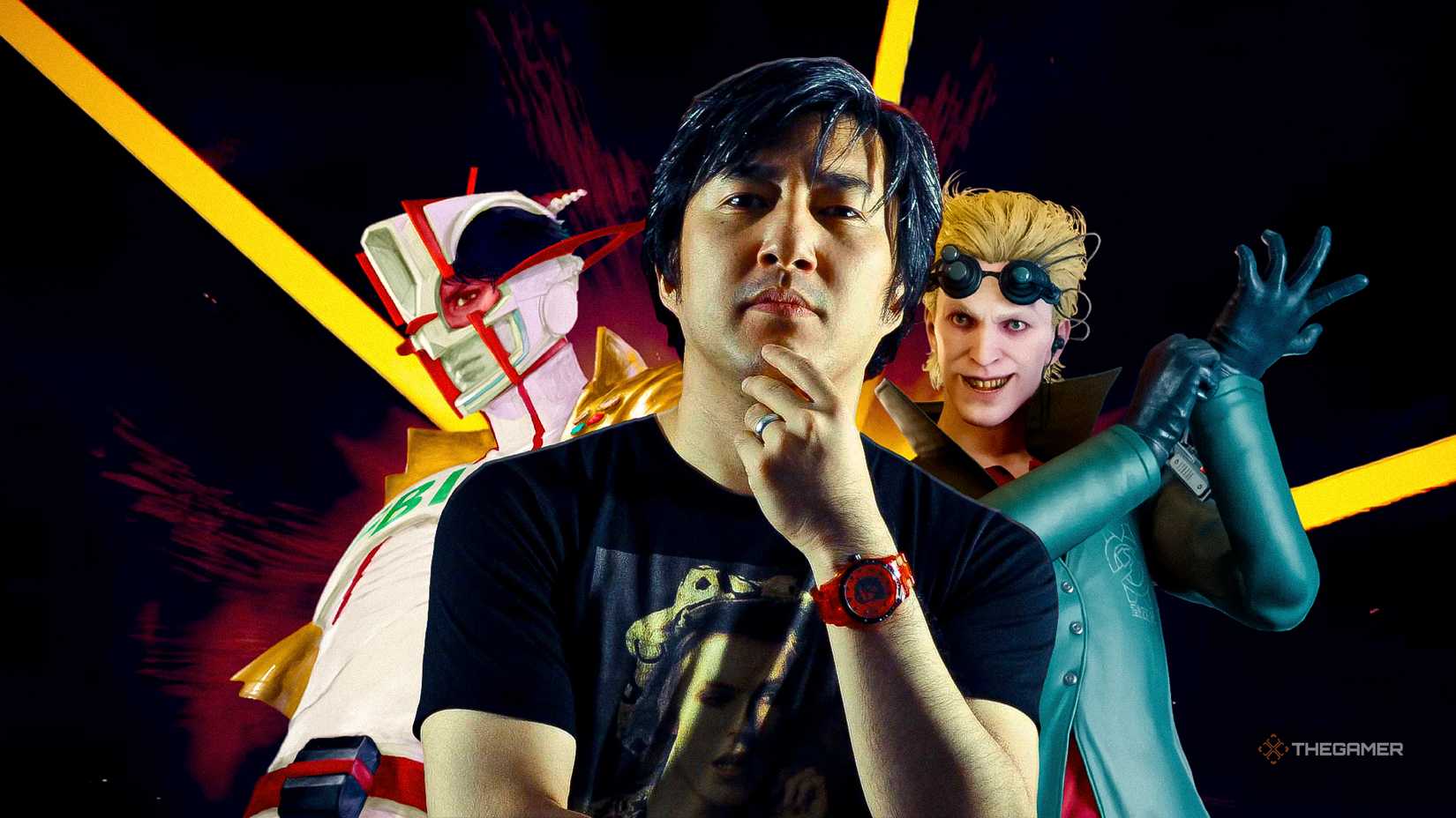 Suda51 looking at the camera with Romeo and Benjamin on the background.
