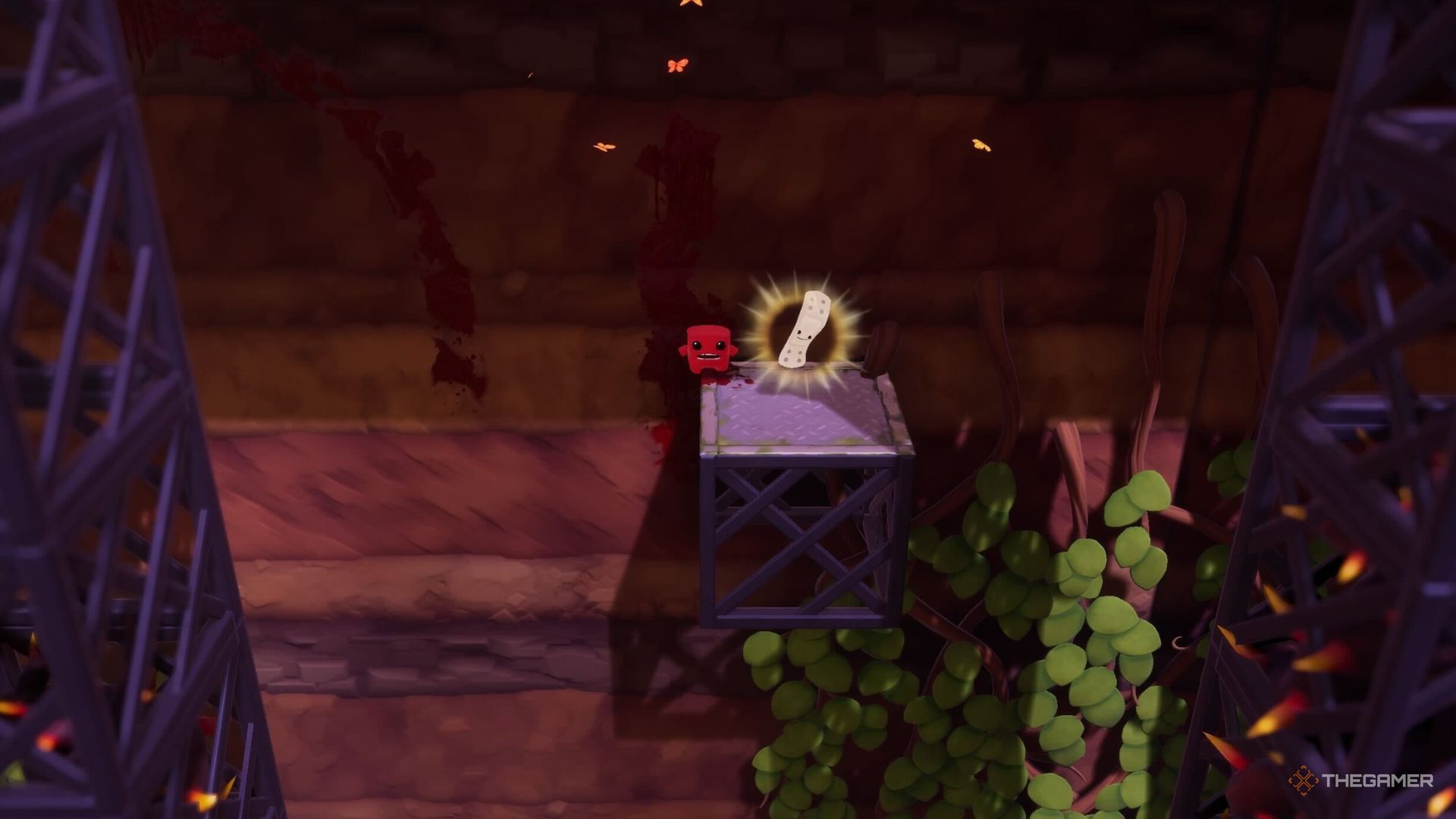 Meat Boy standing next to a bandage in Super Meat Boy 3D's World 1.