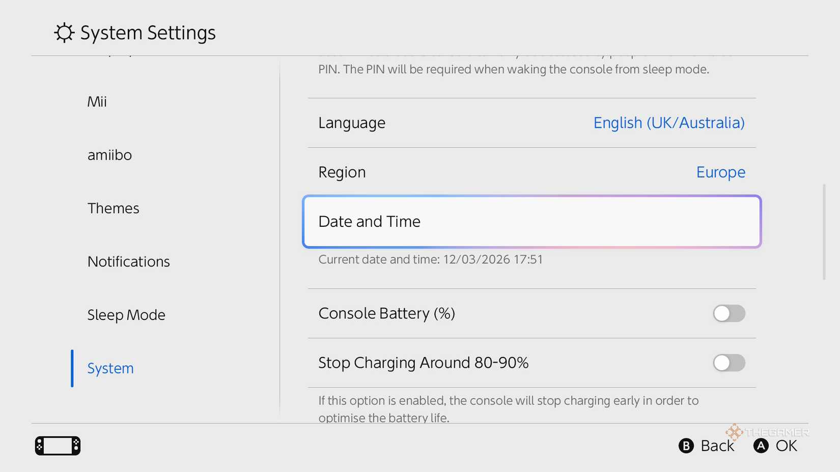 Date and time settings on Nintendo Switch 2.