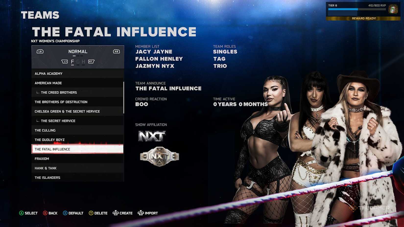 The Fatal Influence team on the Tag Team page in WWE 2K26.