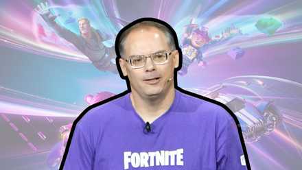 Tim Sweeney in front of Fortnite key art