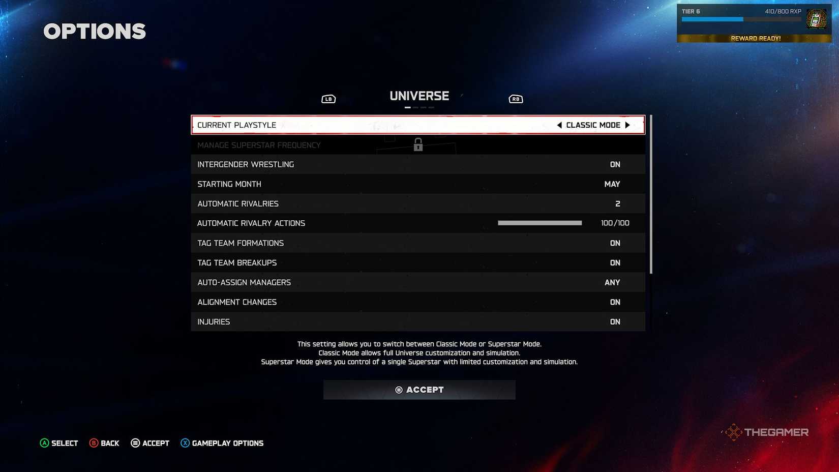 Universe Mode options in WWE 2K26.