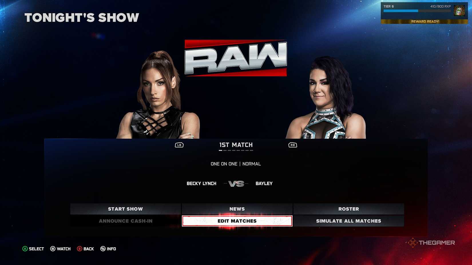 Universe mode showing an episode of Raw featuring Becky Lynch against Bayley in WWE 2K26.