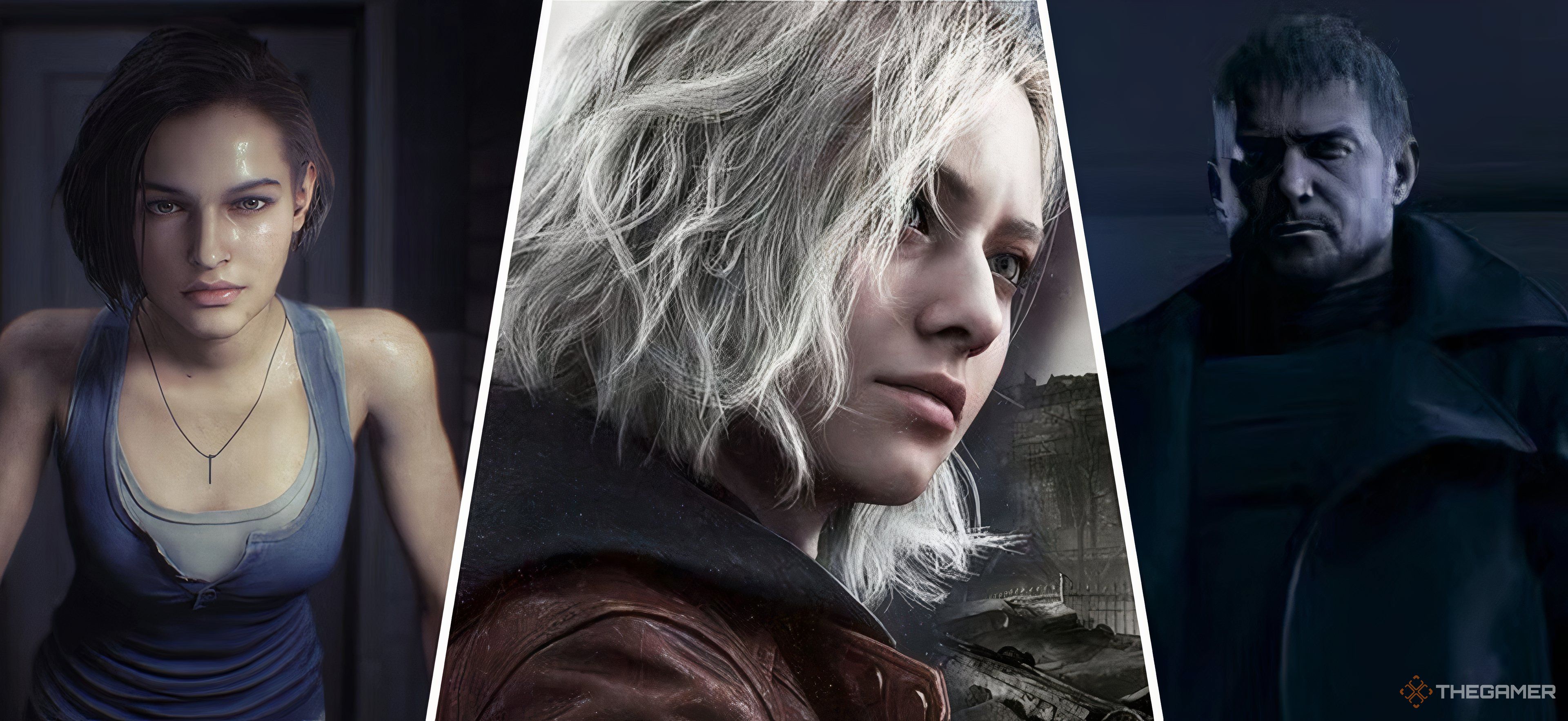 Jill Valentine, Grace Ashcroft and Chris Redfield in a collage with the Resident Evil series.