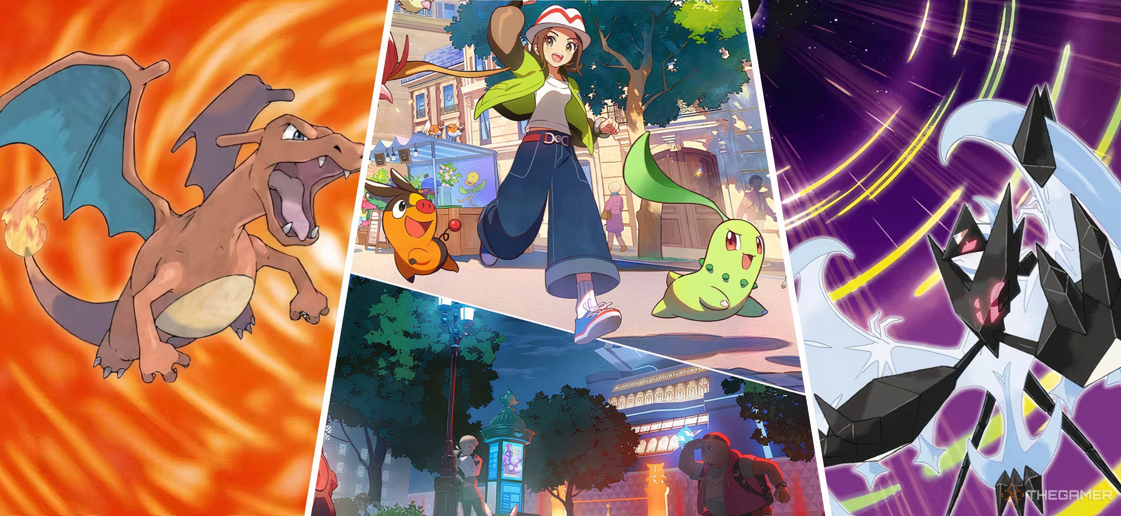 Pokemon game covers side by side in a collage featuring Pokemon FireRed, Legends: Z-A and Ultra Sun & Moon.