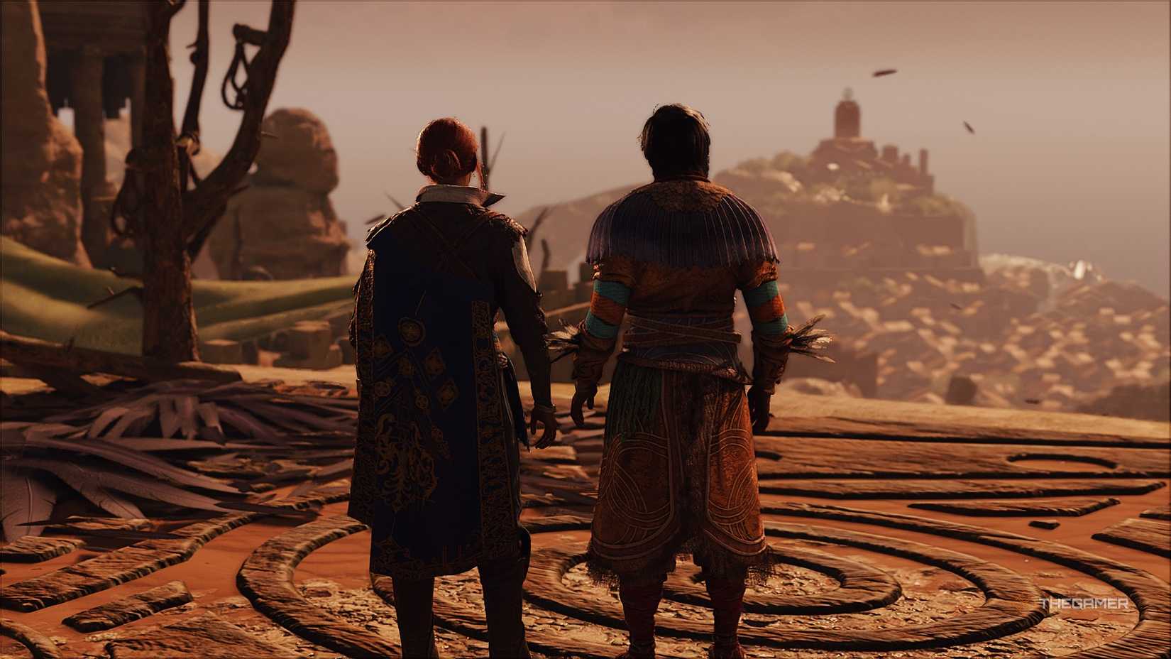 Vriden Gerr and Nilan stood side by side in GreedFall The Dying World. they are overlooking the city