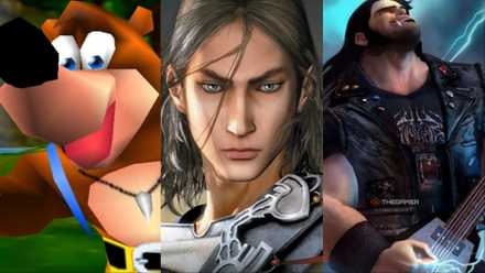 A collage of images featuring (left to right) Banjo from Banjo-Kazooie, Kaim from Lost Odyssey, and Eddie Riggs from Brutal Legend.