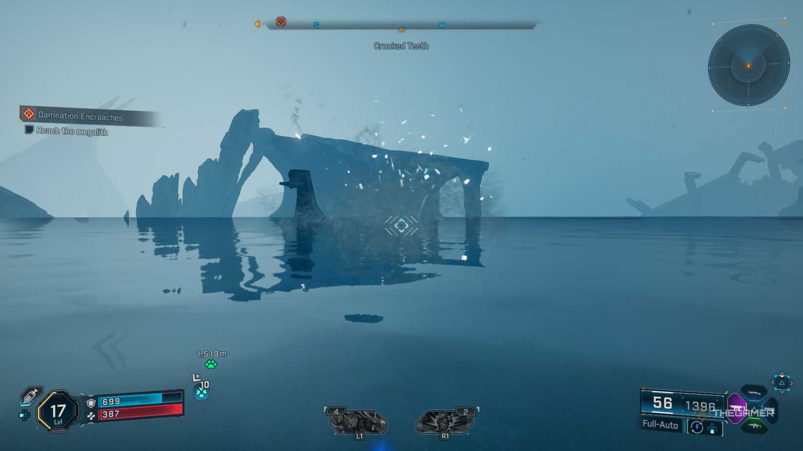 C4sh swimming in the Whispering Glacier ocean near splashing water with sparks in Borderlands 4.