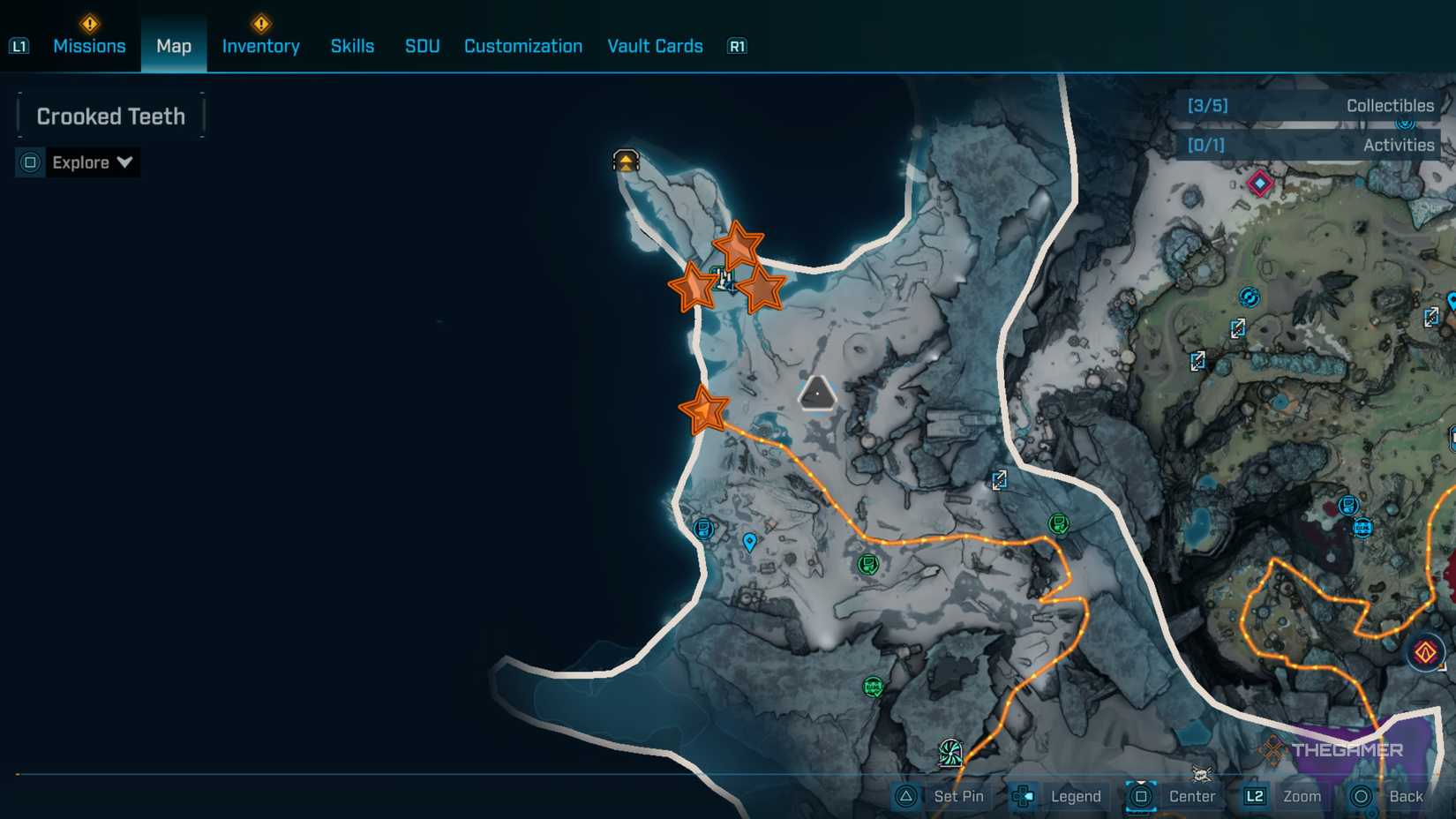 Close-up of the northwest part of the Whispering Glacier area with the four orange stars modified on the fishing spots in Borderlands 4.