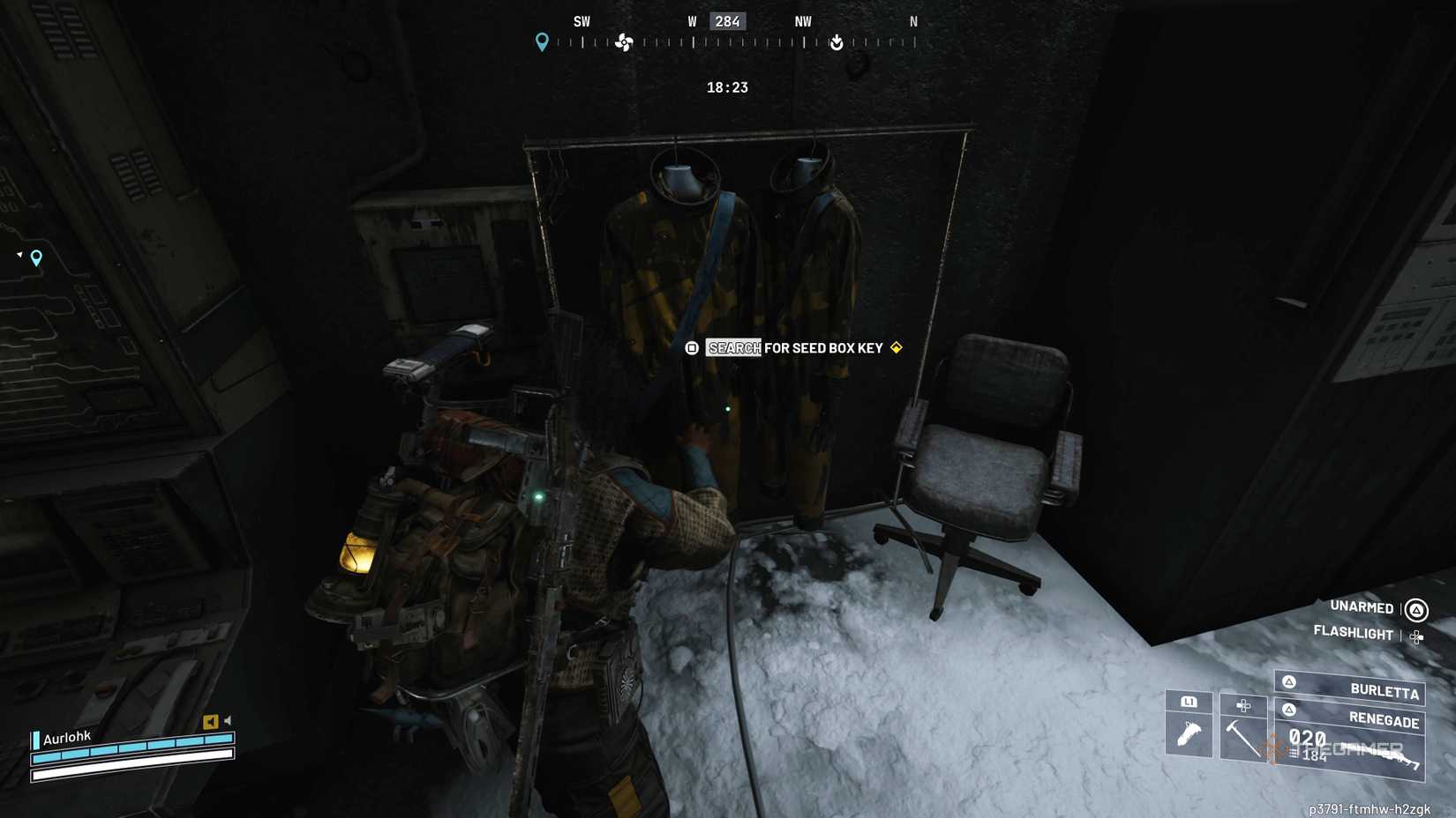 Player raider searching the jumpsuit for the Seed Box Key near the Seed Vault in Arc Raiders.