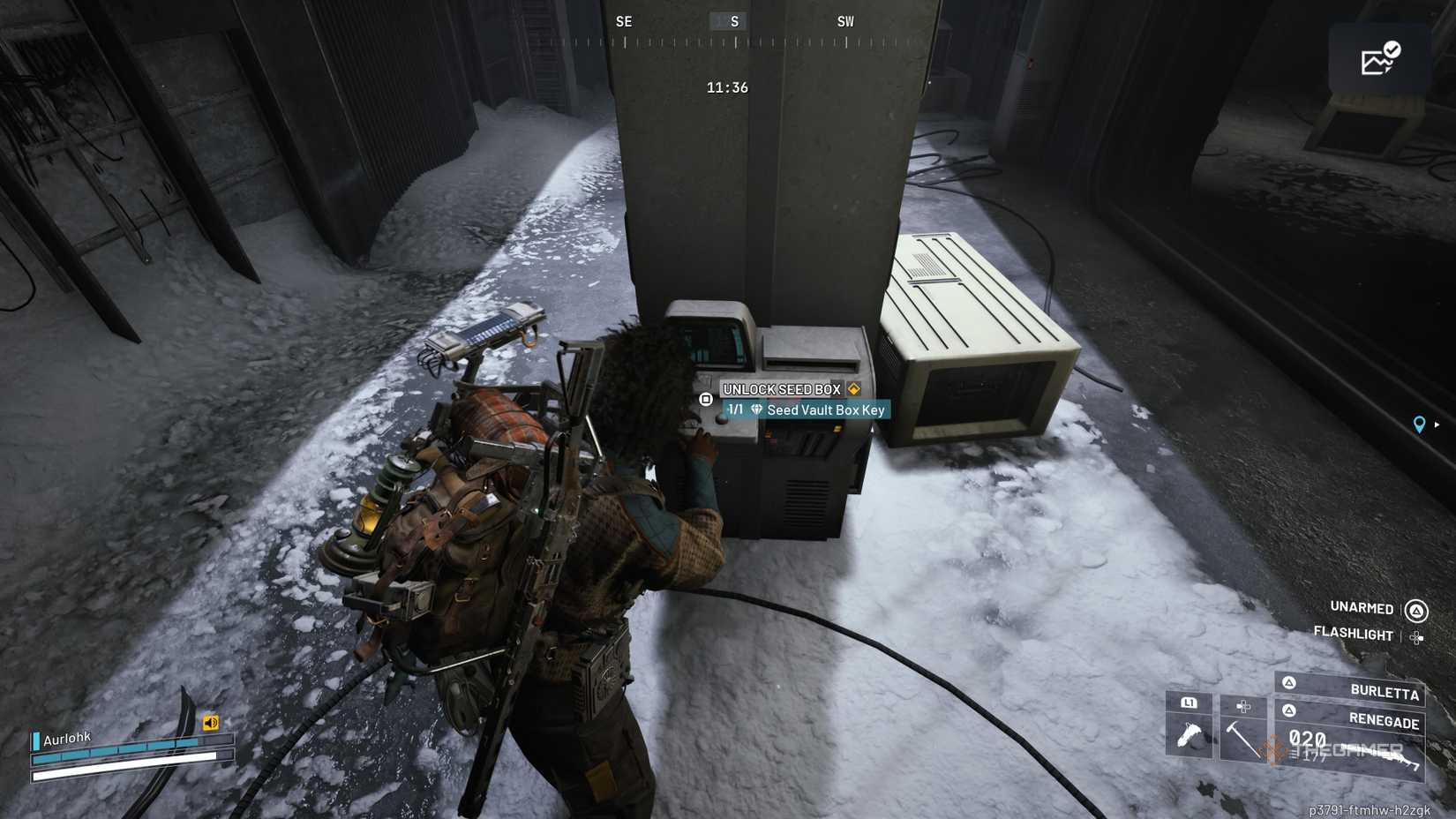 Player raider using the Seed Box Key to unlock the white console in the Seed Vault in Arc Raiders.