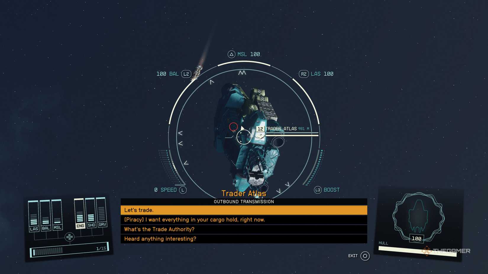 A player who engages with another ship during Cruise Mode and plans to trade with it via the multi-option menu in Starfield.
