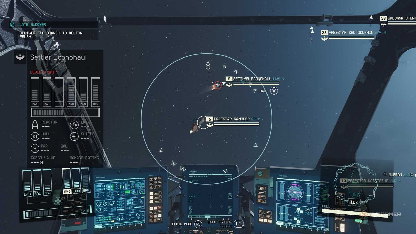 A player using Cruise mode to roam and view several nearby ships such as the Freestar Rambler in space in the Starfield.