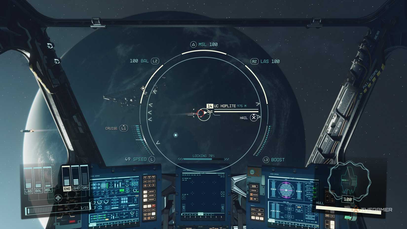 Player inside their ship and about to enter cruise mode while looking at a nearby ship in the Starfield.