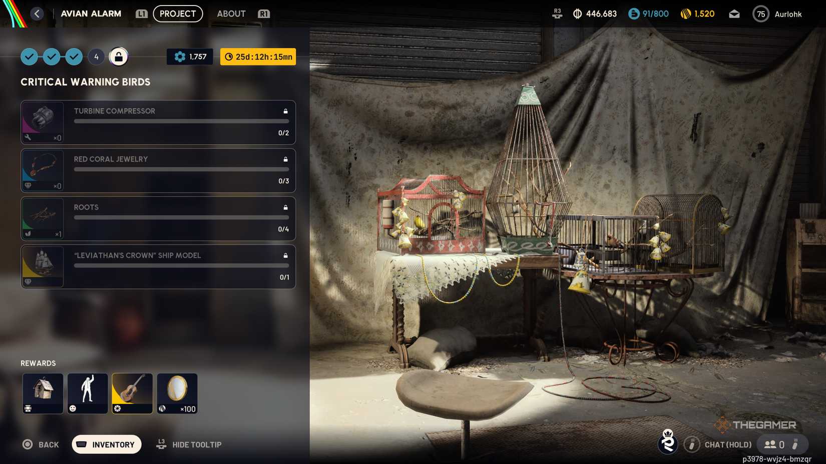`Avian Alarm's project management menu focusing on the resources required for the Critical Warning Birds phase of Arc Raiders.