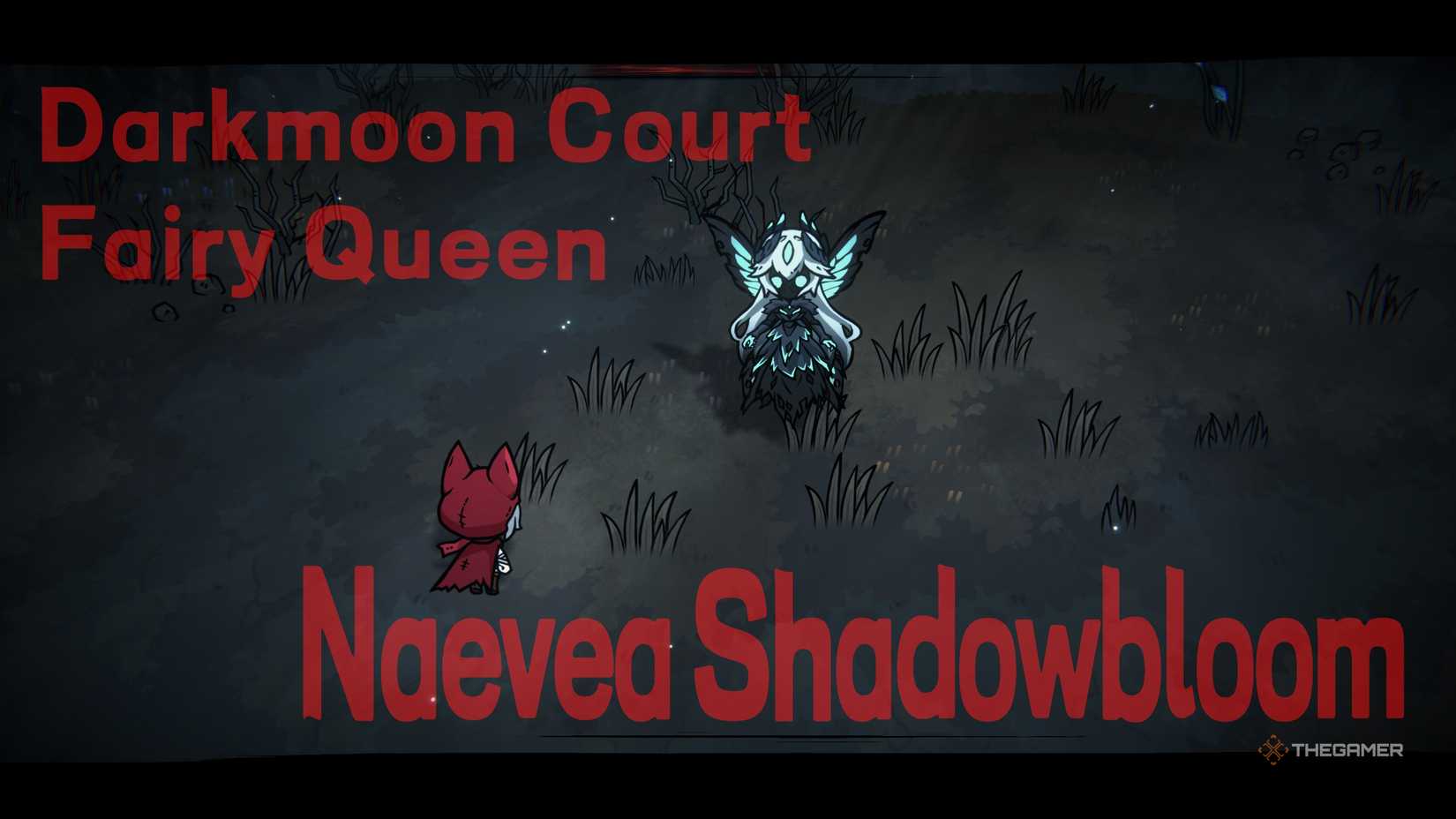 The title introduction for darkmoon court fairy queen naevea shadowbloom in Cinderia.
