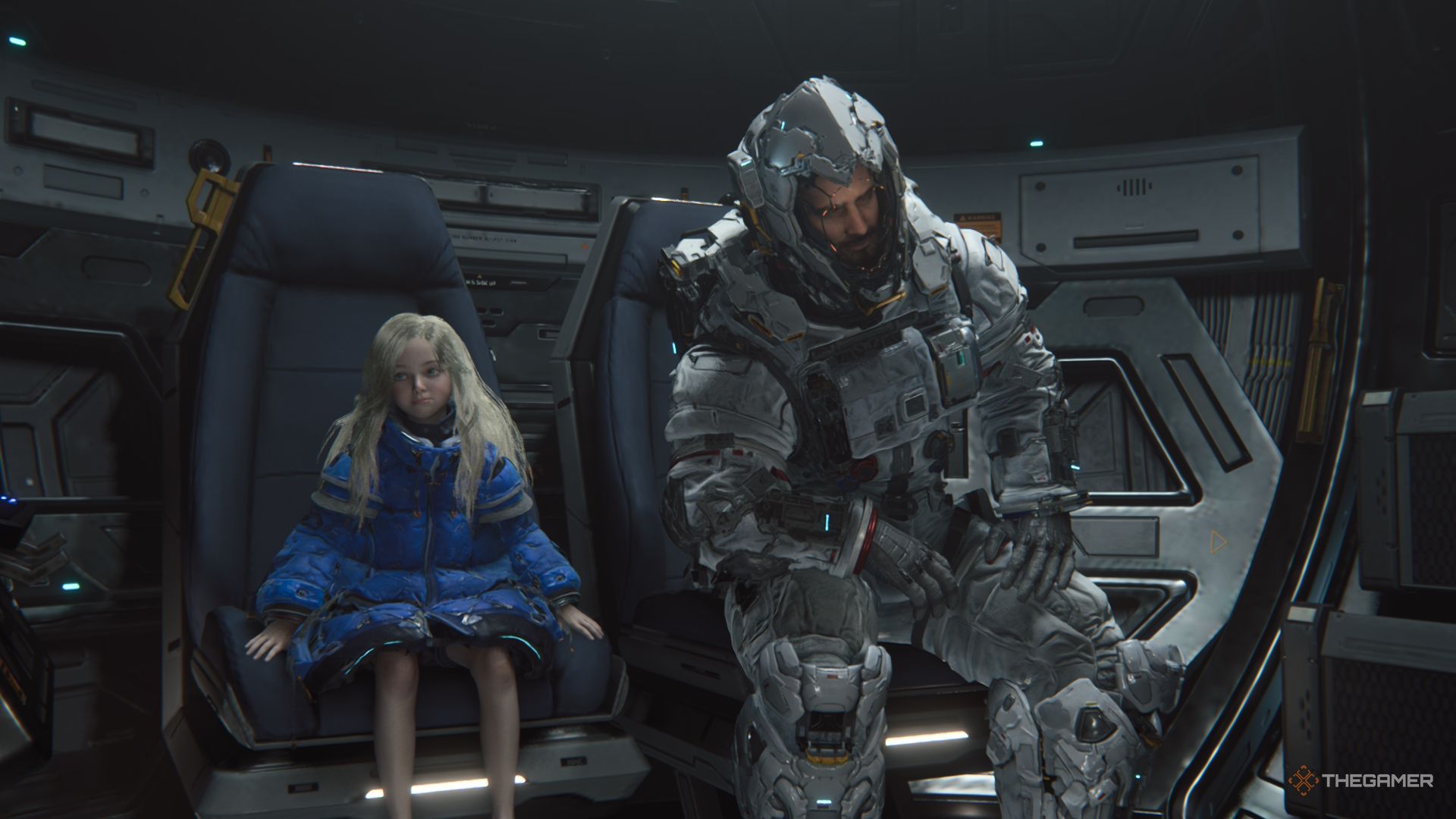 Hugh and Diana sat together in the tram in Pragmata.