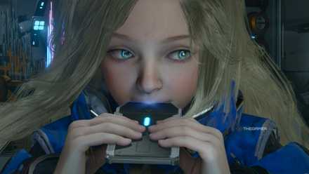 Diana absorbs data from a storage device by biting it into Pragmata.