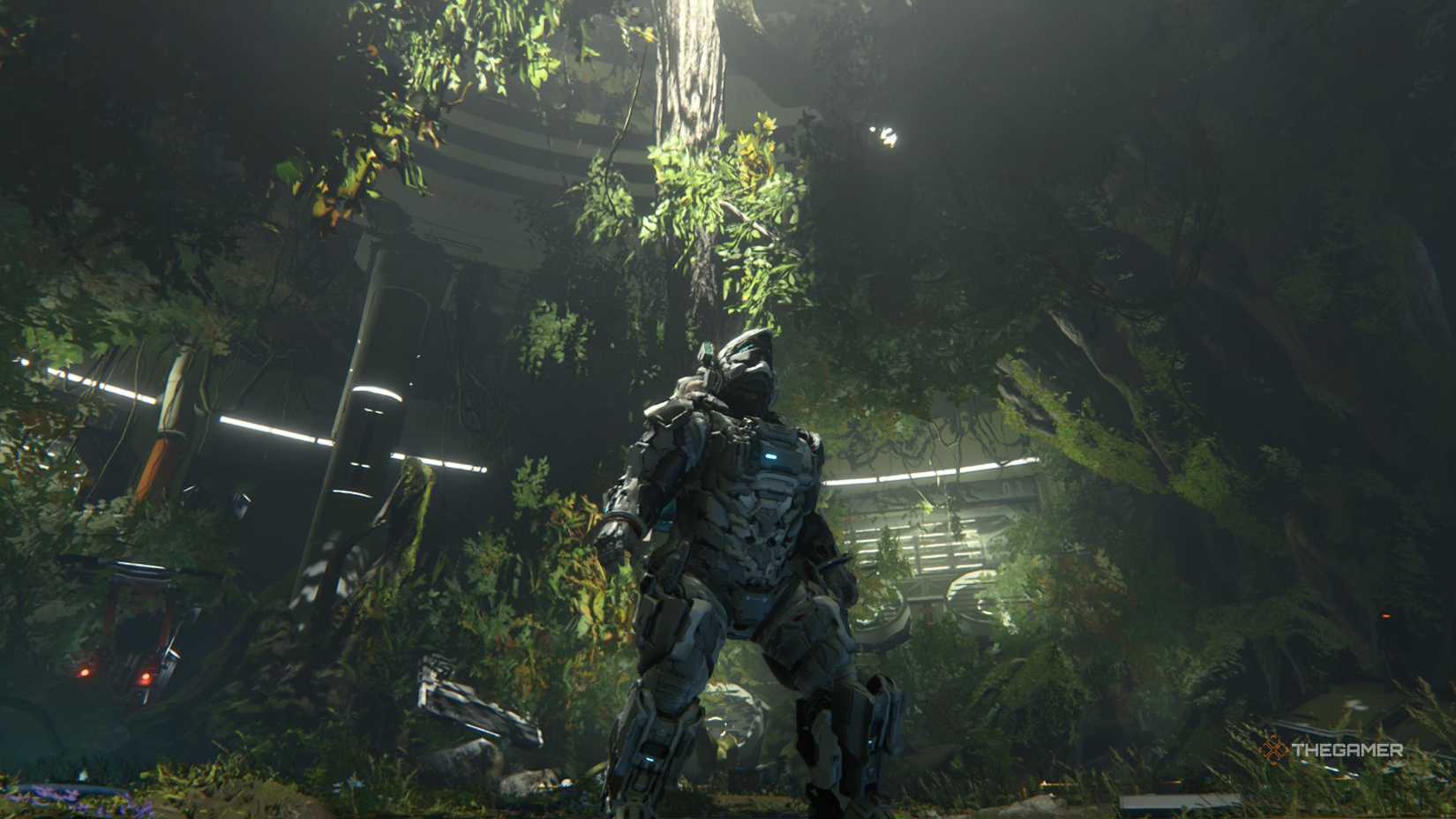 Hugh looked up at the Terra Dome terrarium in Pragmata.