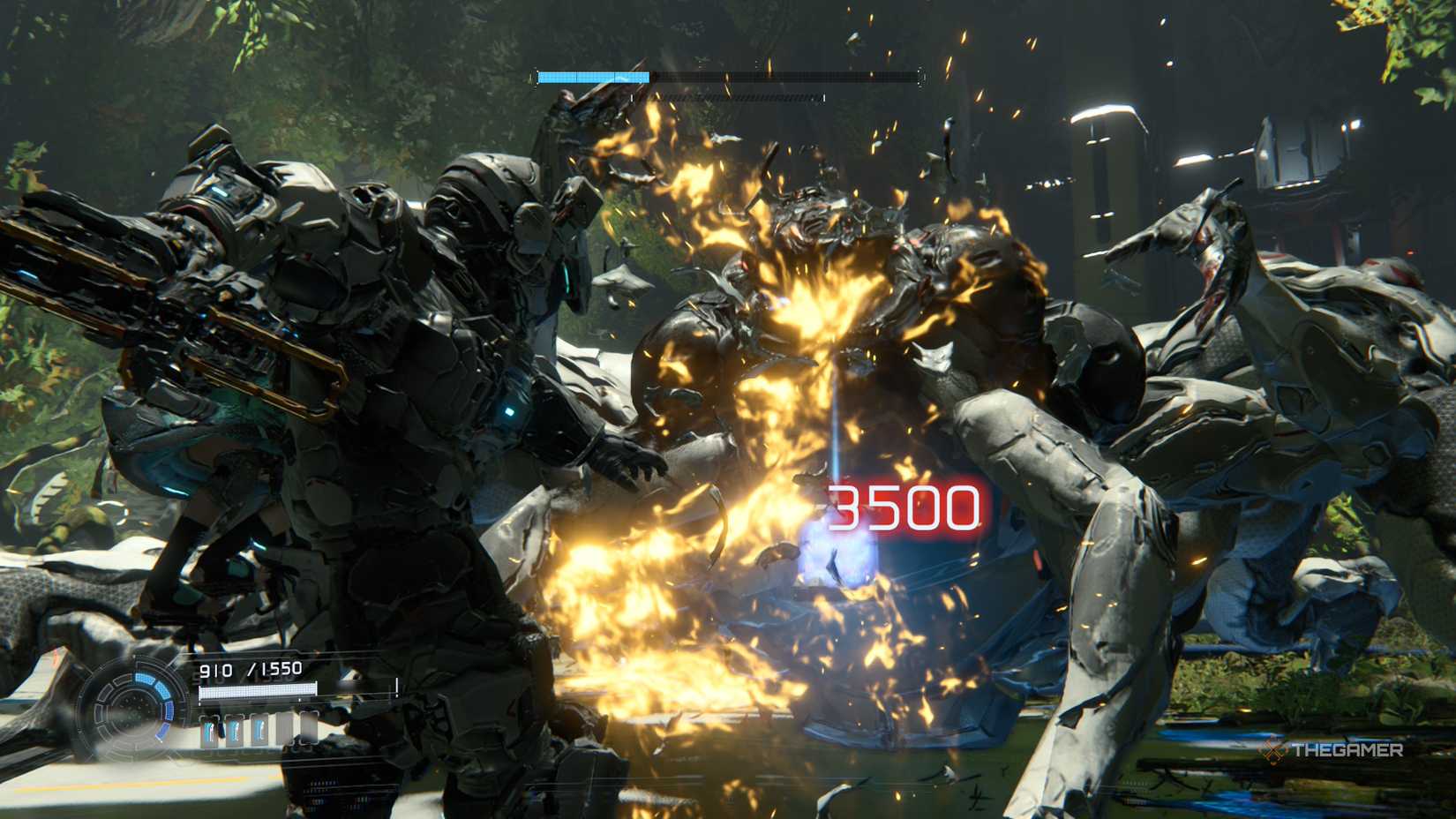 Hugh performs a critical hit against the Garden Keeper in Pragmata.