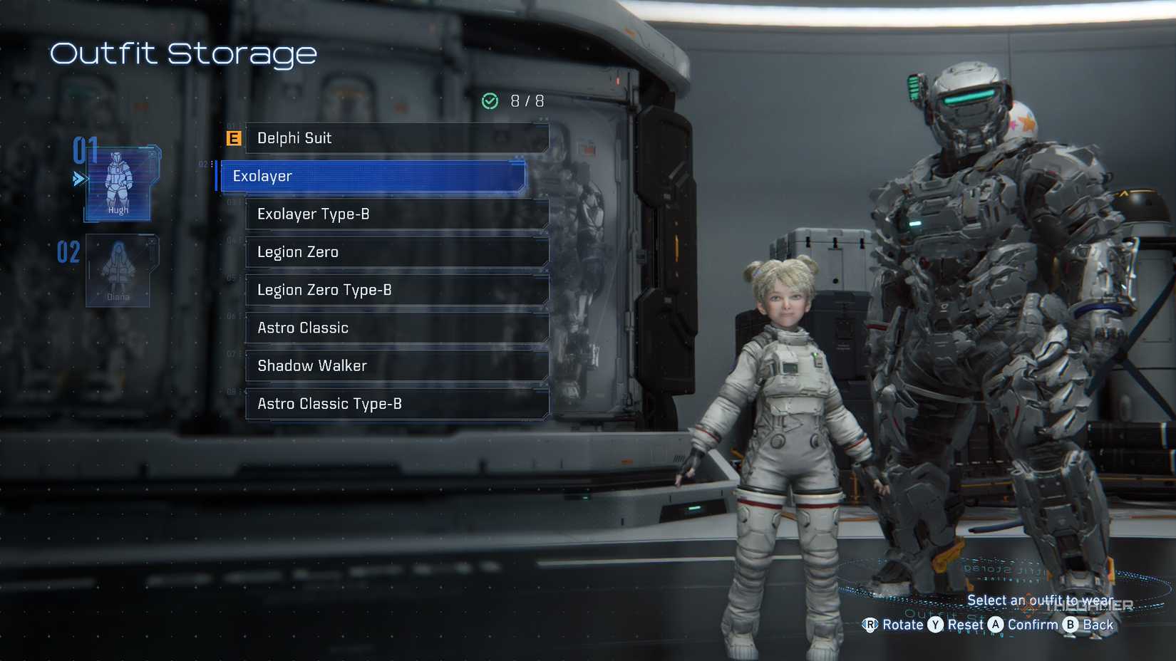 Hugh Exolayer outfit seen in Outfit Stoage in Pragmata.