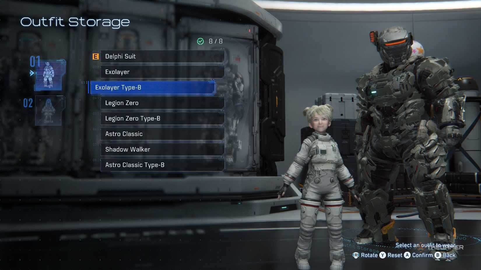 Hugh Exolayer Type-B outfit seen in Outfit Stoage in Pragmata.