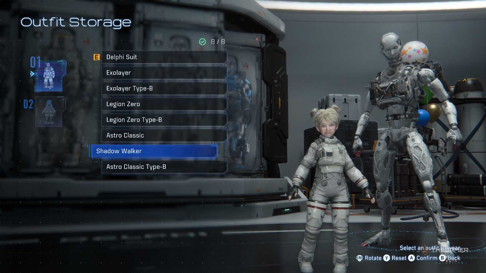 Hugh Shadow Walker outfit seen in Outfit Storage in Pragmata.