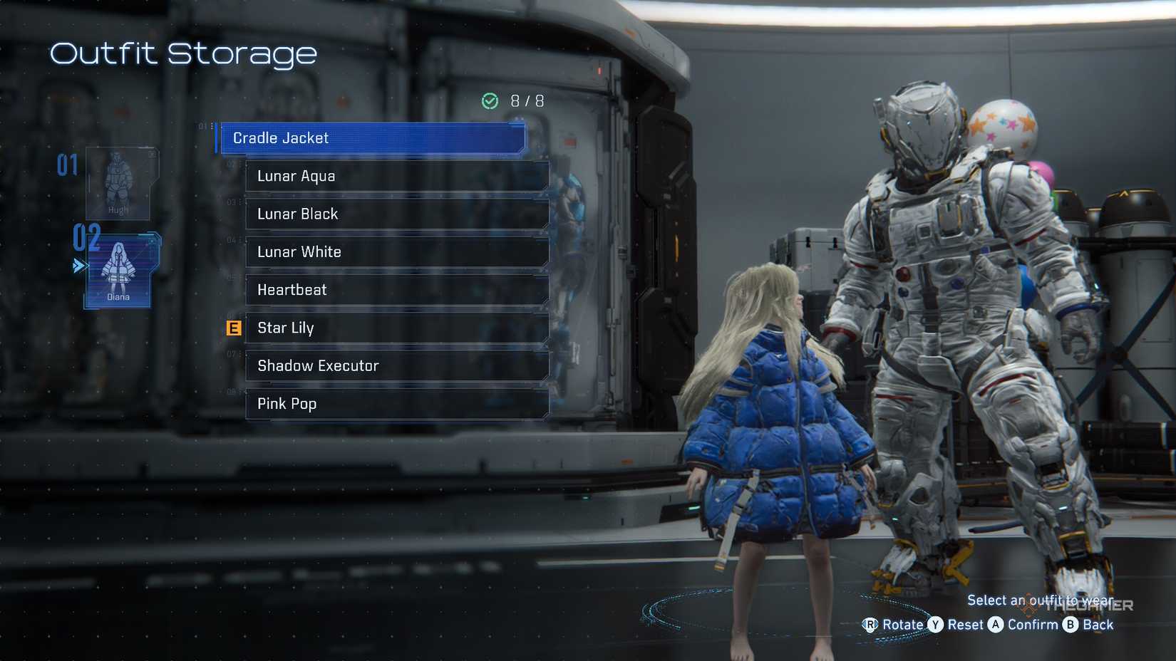 Diana Cradle Jacket outfit seen in Outfit Stoage in Pragmata.