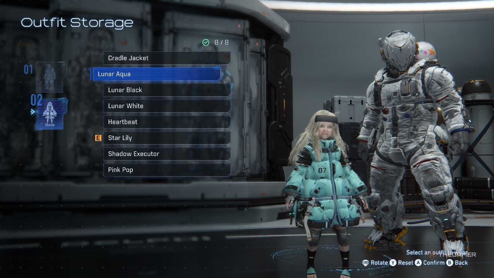 Diana Lunar Aqua outfit seen in Outfit Stoage in Pragmata.