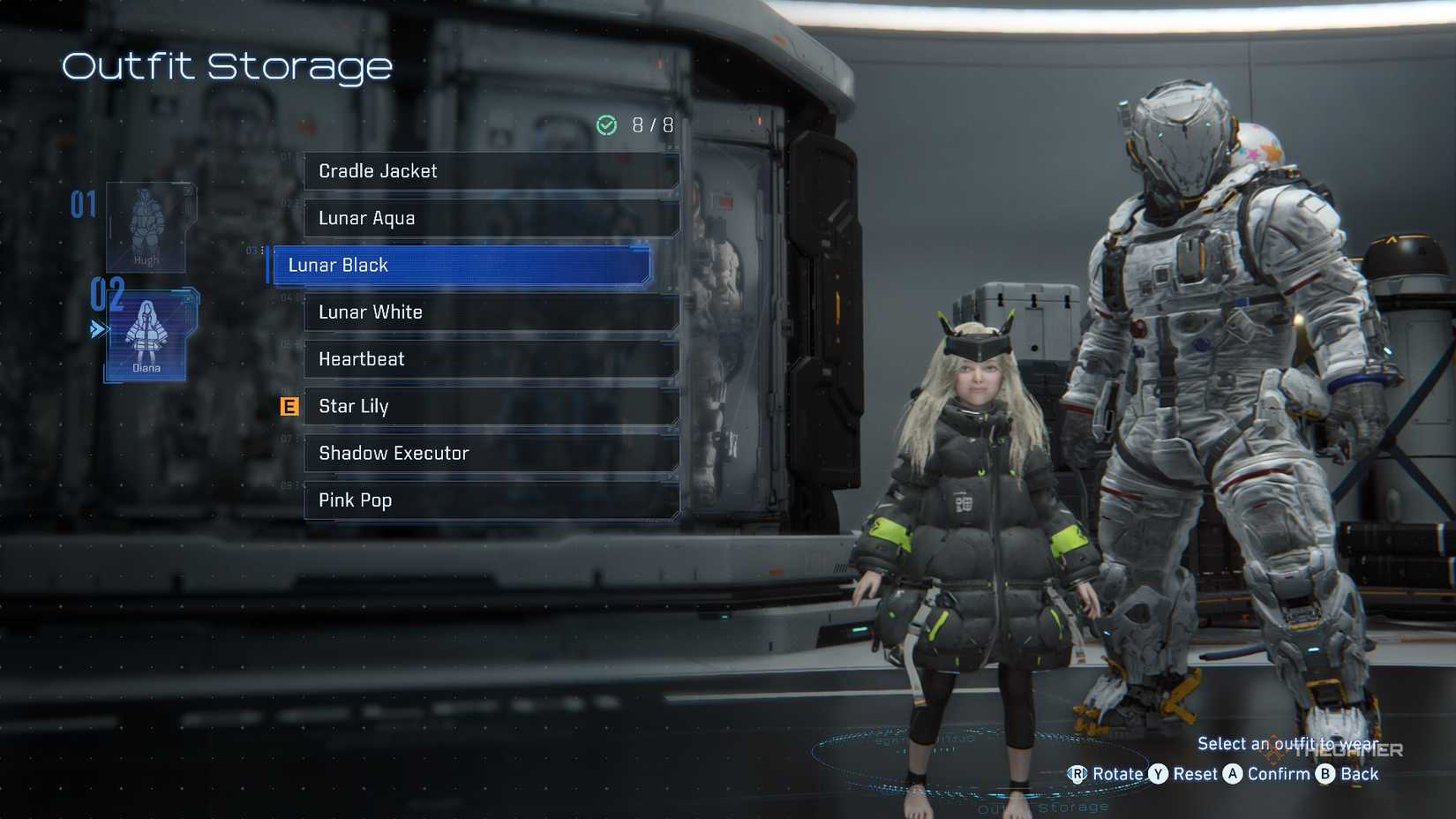 Diana Lunar Black outfit seen in Outfit Storage in Pragmata.