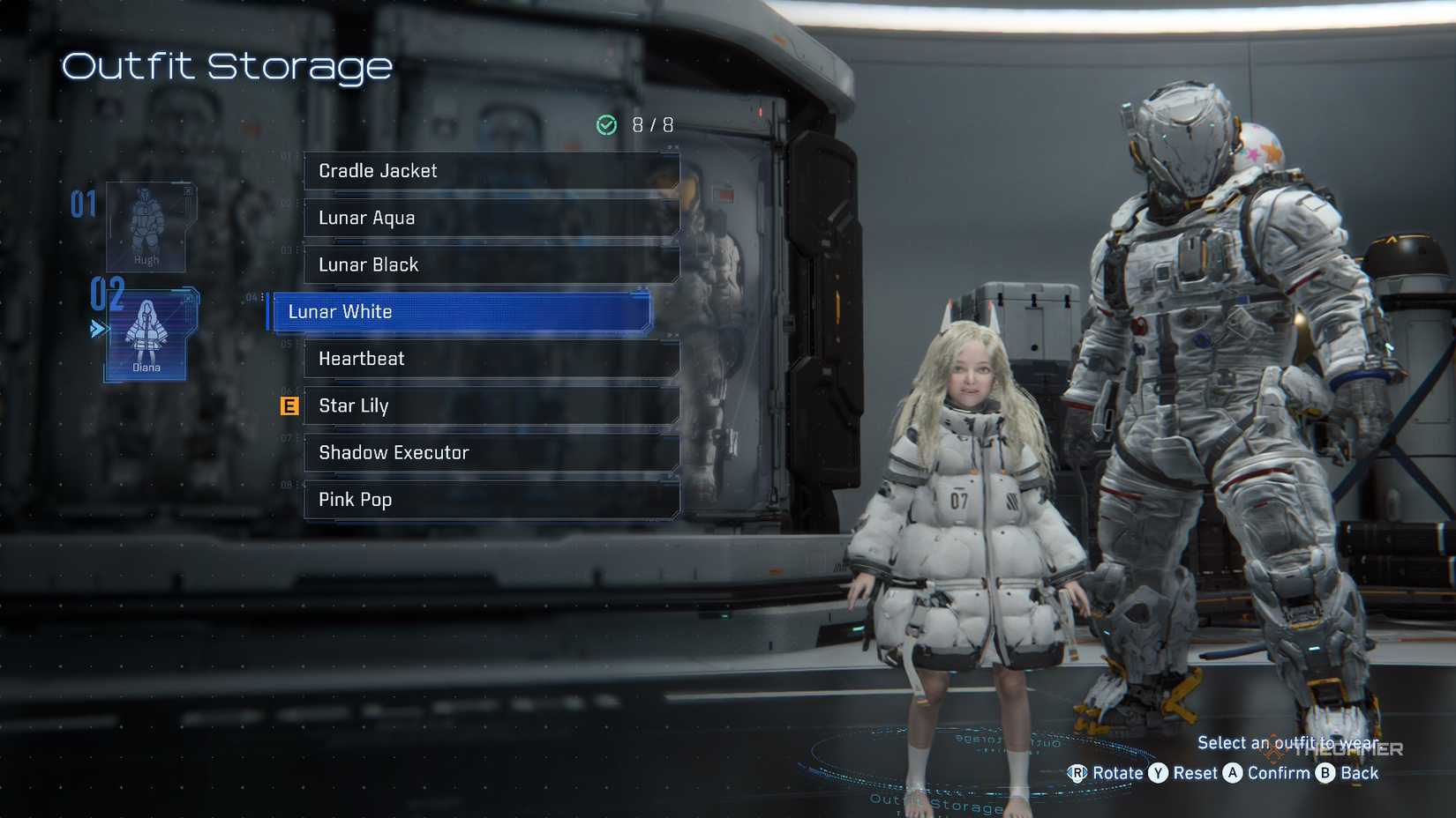 Diana Lunar White outfit seen in Outfit Stoage in Pragmata.