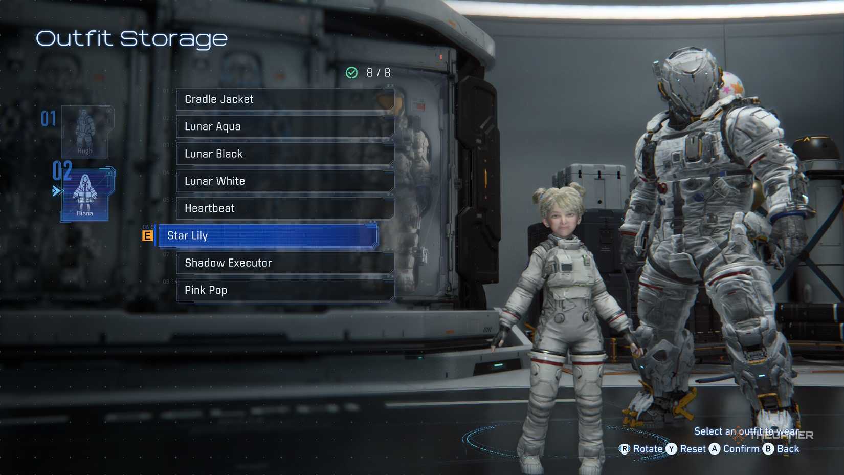 Diana in Star Lily outfit in Outfit Storage in Pragmata.