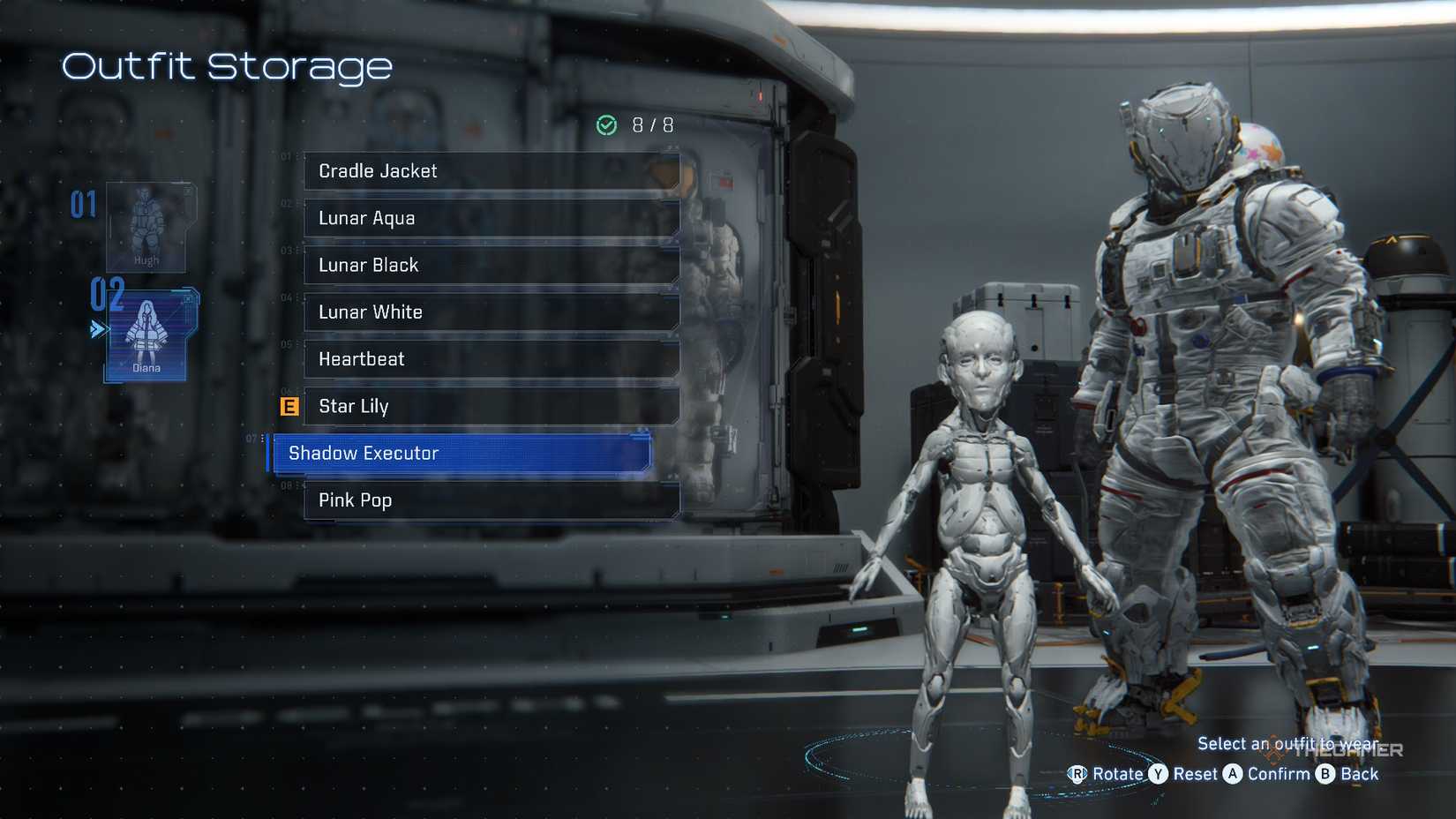 Diana in the Shadow Executor outfit in Outfit Storage in Pragmata.