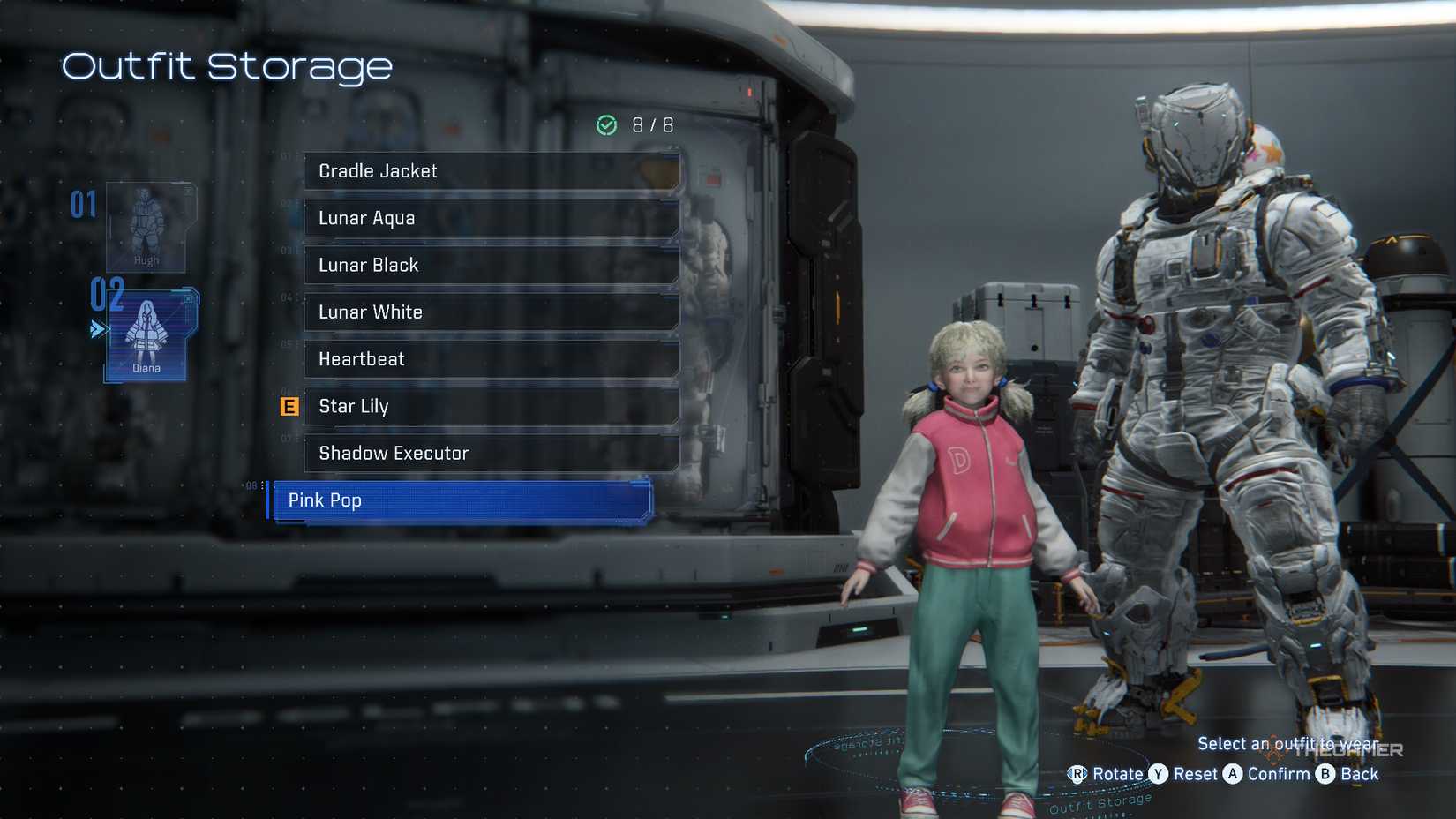 Diana in the Pink Pop outfit in Outfit Storage in Pragmata.