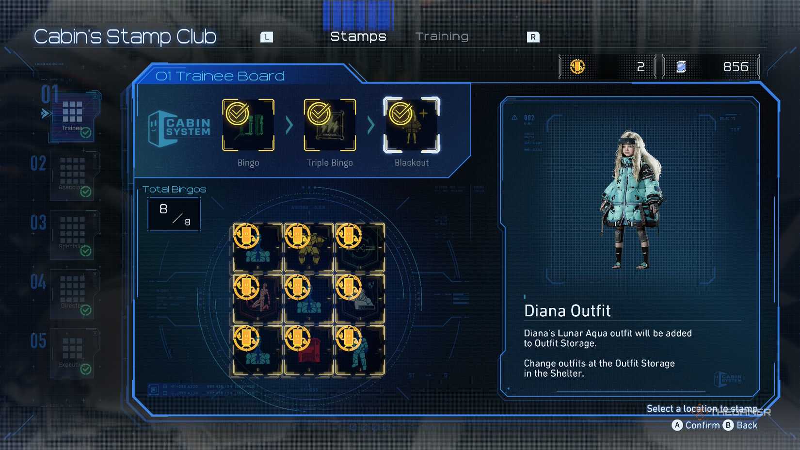 Diana's Lunar Aqua suit seen on the Bingo Board in Pragmata.
