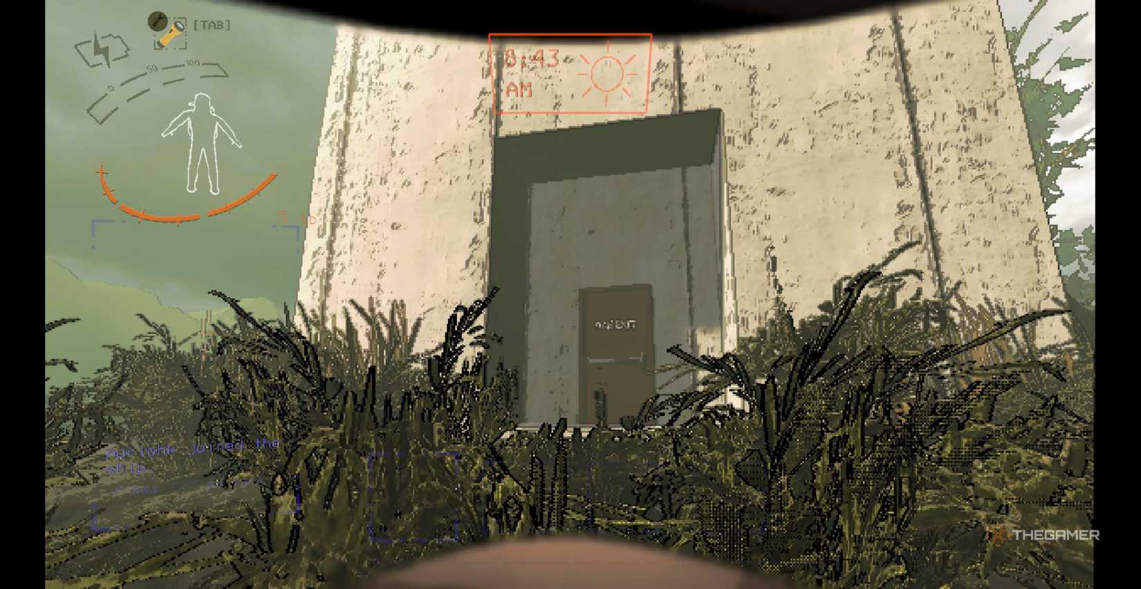 Player standing in front of a short white building with a red fire exit on a hill in March in Lethal Company.