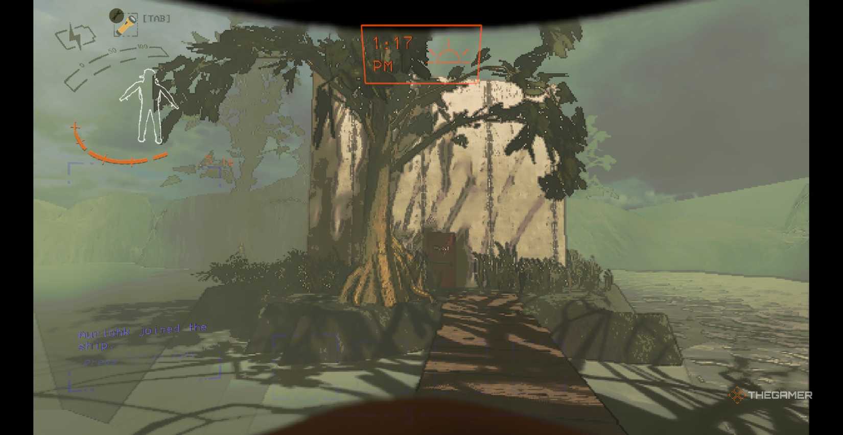 Players approach a short white building with a red fire exit on a small island in the middle of a lake in Lethal Company.