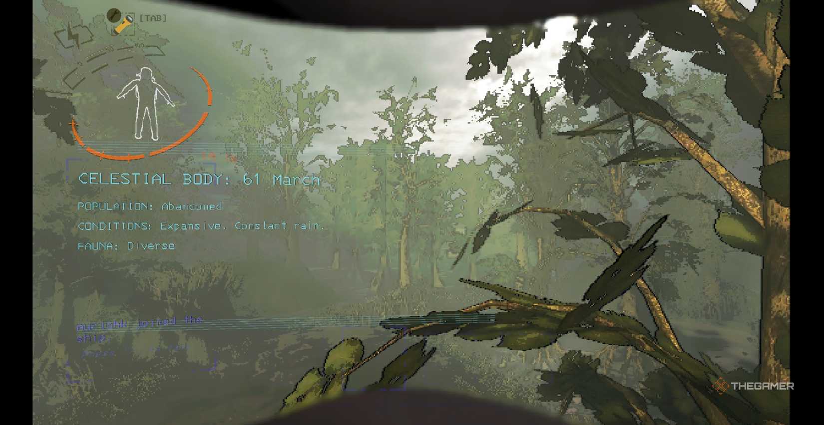 Players arriving in March during the morning to a marsh and swamp environment with tall trees and grass in Lethal Company.