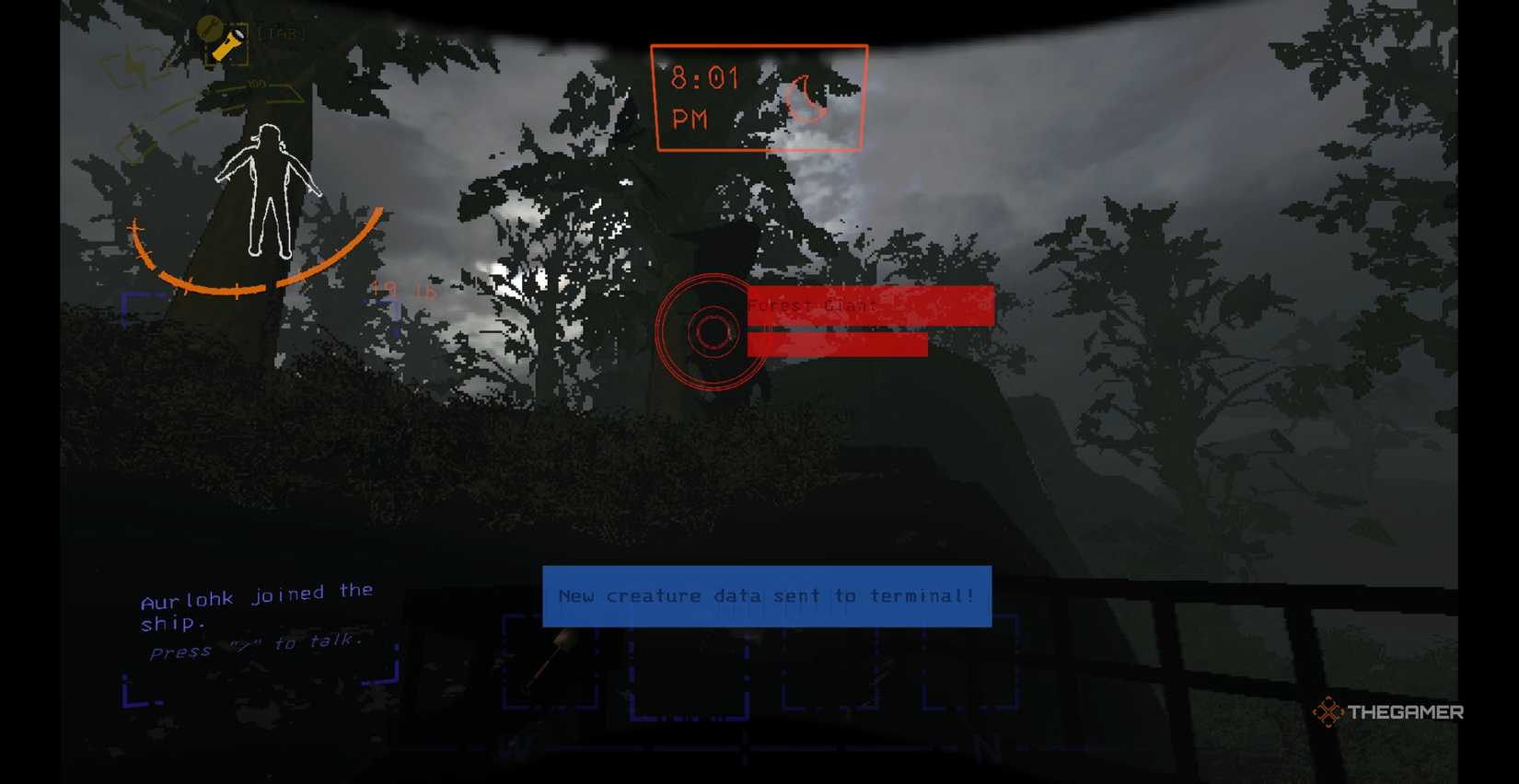 Players moving away from a forest giant walking along a hill at night in March in Lethal Company.