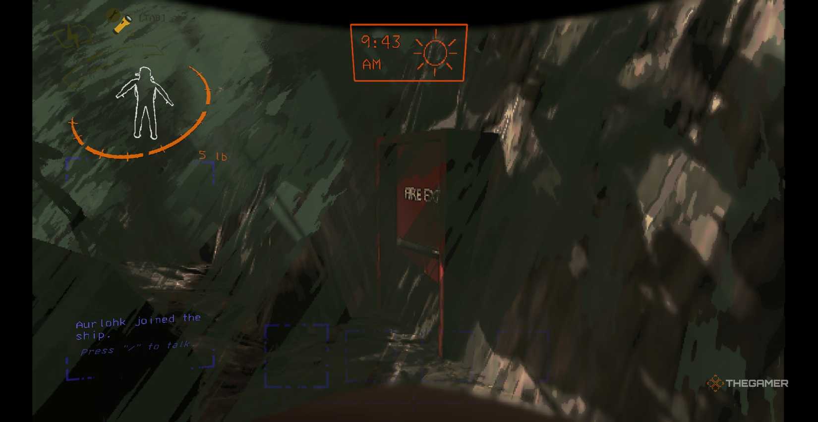 Players approach a red door with Fire Exit written on it during a waterfall in March in Lethal Company.
