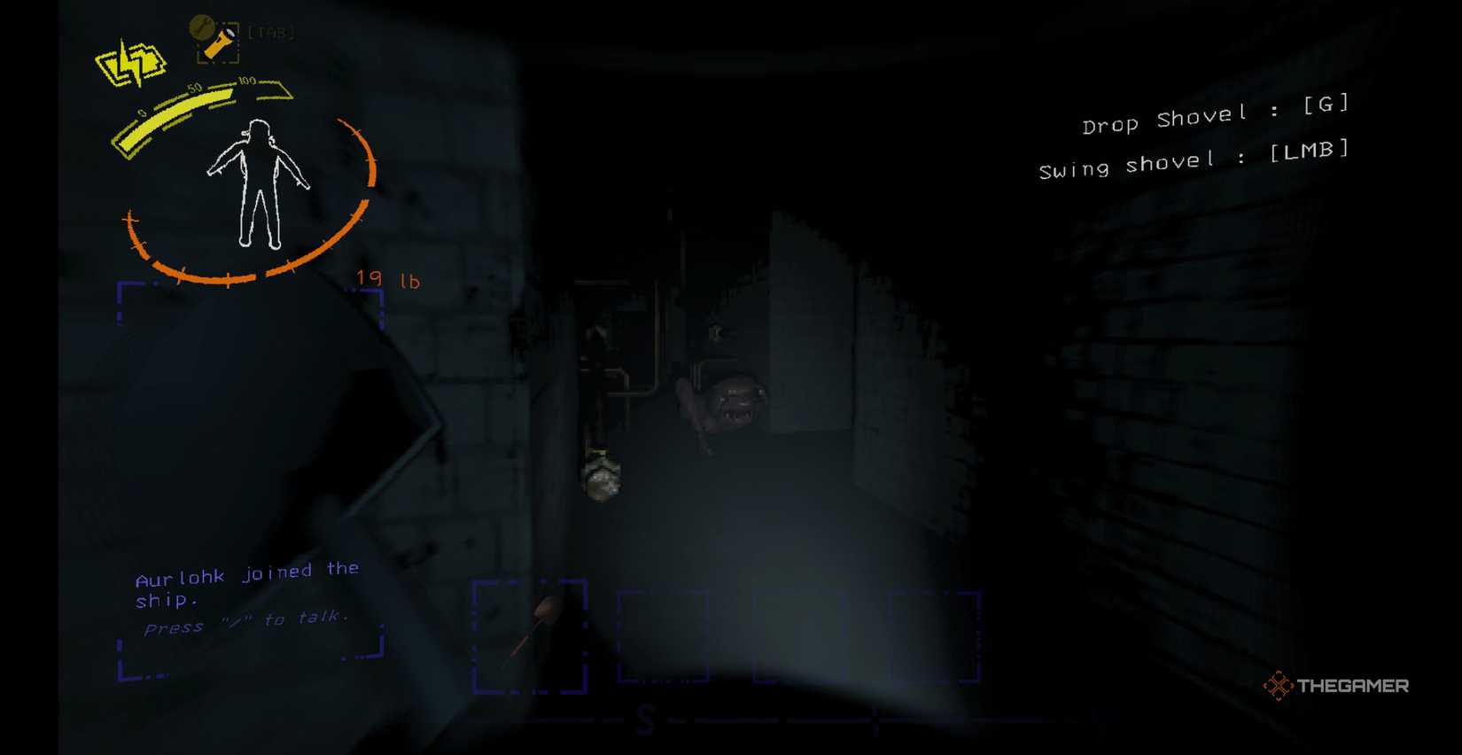Players shine a flashlight on an approaching Thumper as he prepares his shovel in deadly company.