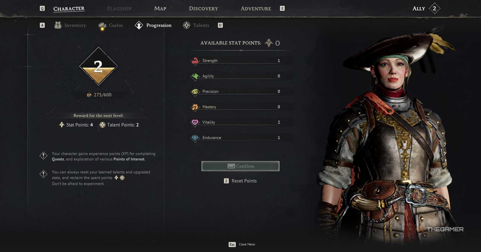 The Stat Points screen will appear in Windrose.