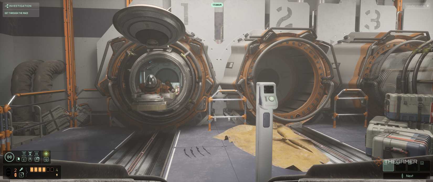 A body being exposed from a large transfer tube in Cthulhu The Cosmic Abyss.