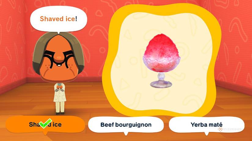 A list of foods in a minigame in Tomodachi Life Living the Dream.