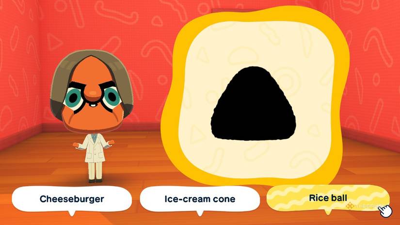 A list of foods with a rice ball in the Shadow Quiz in Tomodachi Life Living the Dream.