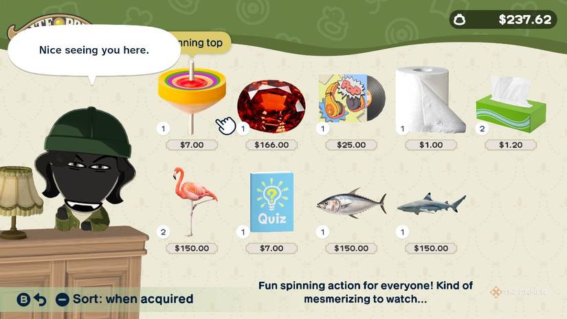 A Mii buying treasures at Rite Price in Tomodachi Life Living the Dream.