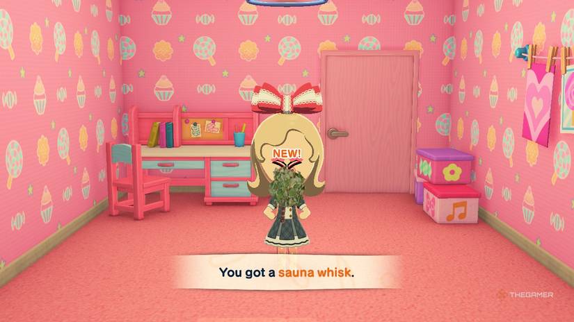 Mii donating a sauna beater after a vacation in Tomodachi Life Living the Dream.
